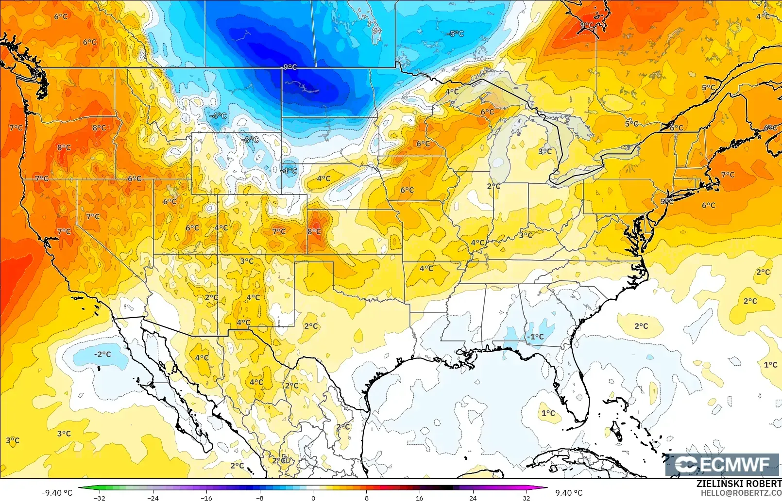 ECMWF IFS 0.25° modelo - Estados Unidos, Anomalía de temperatura a 850 hPa