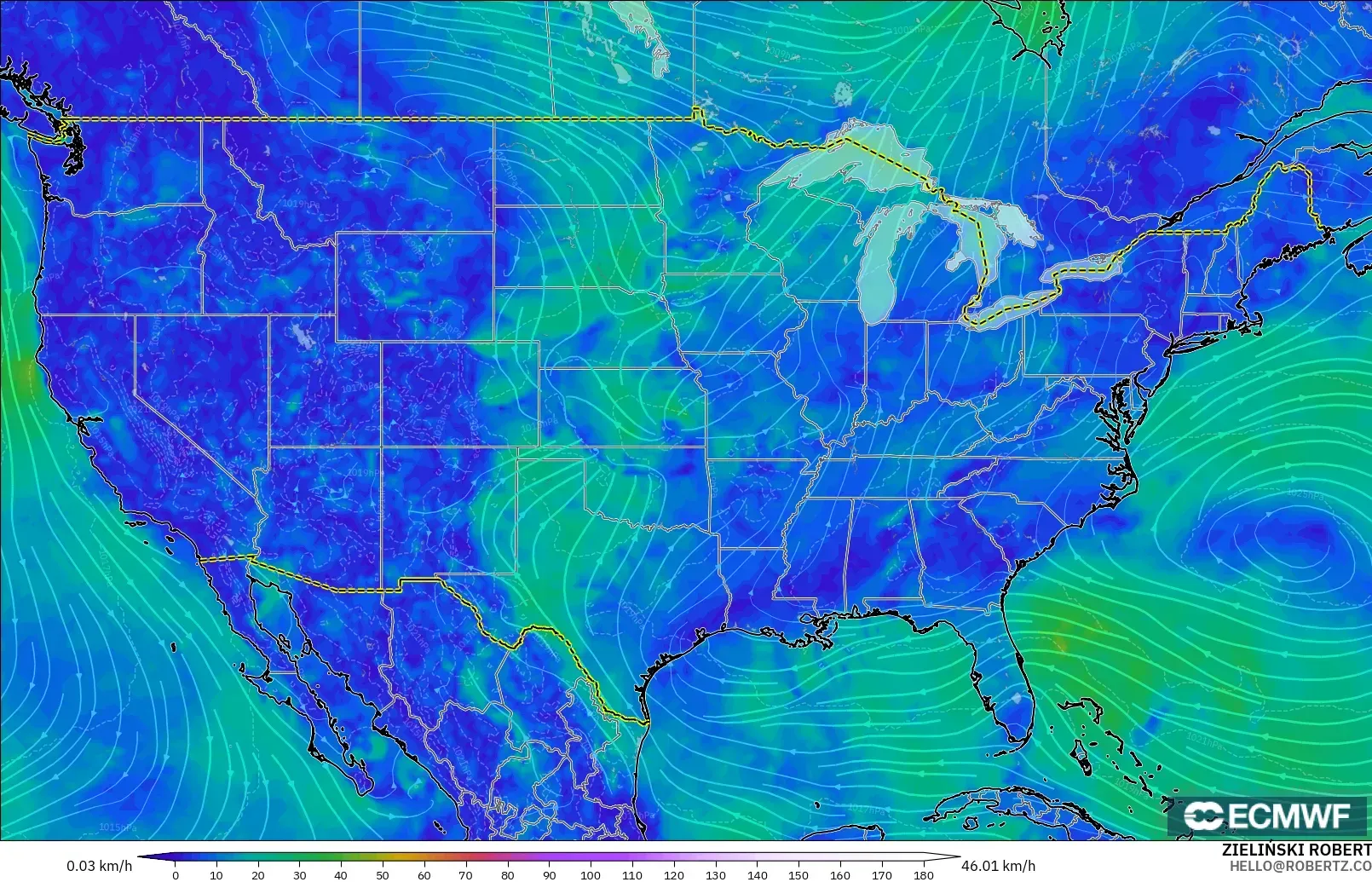 ECMWF IFS 0.25° modelo - Estados Unidos, Viento a 10 m