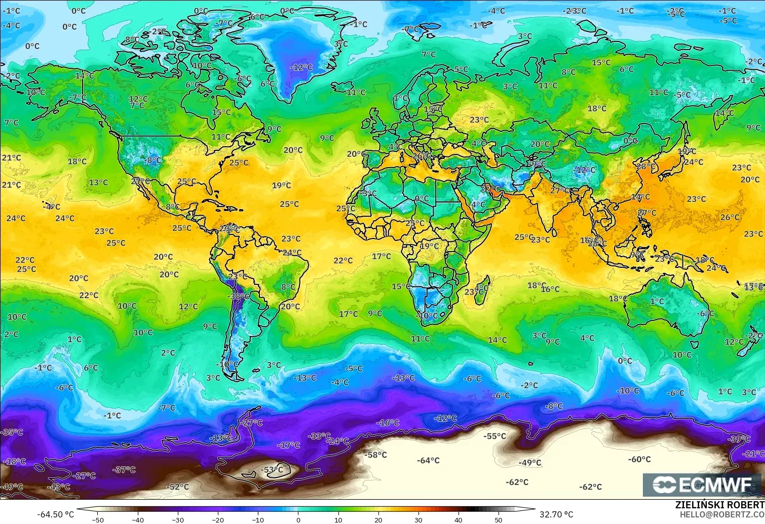 ECMWF IFS 0.25° modelo - Mundo, Punto de rocío a 2 m