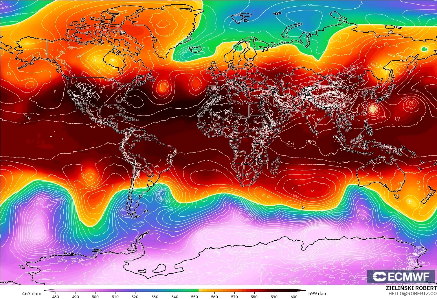 ECMWF IFS 0.25° modelo - Mundo, Altura geopotencial a 500 hPa