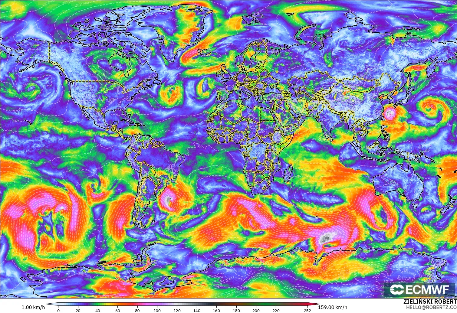 ECMWF IFS 0.25° modelo - Mundo, Ráfagas de viento