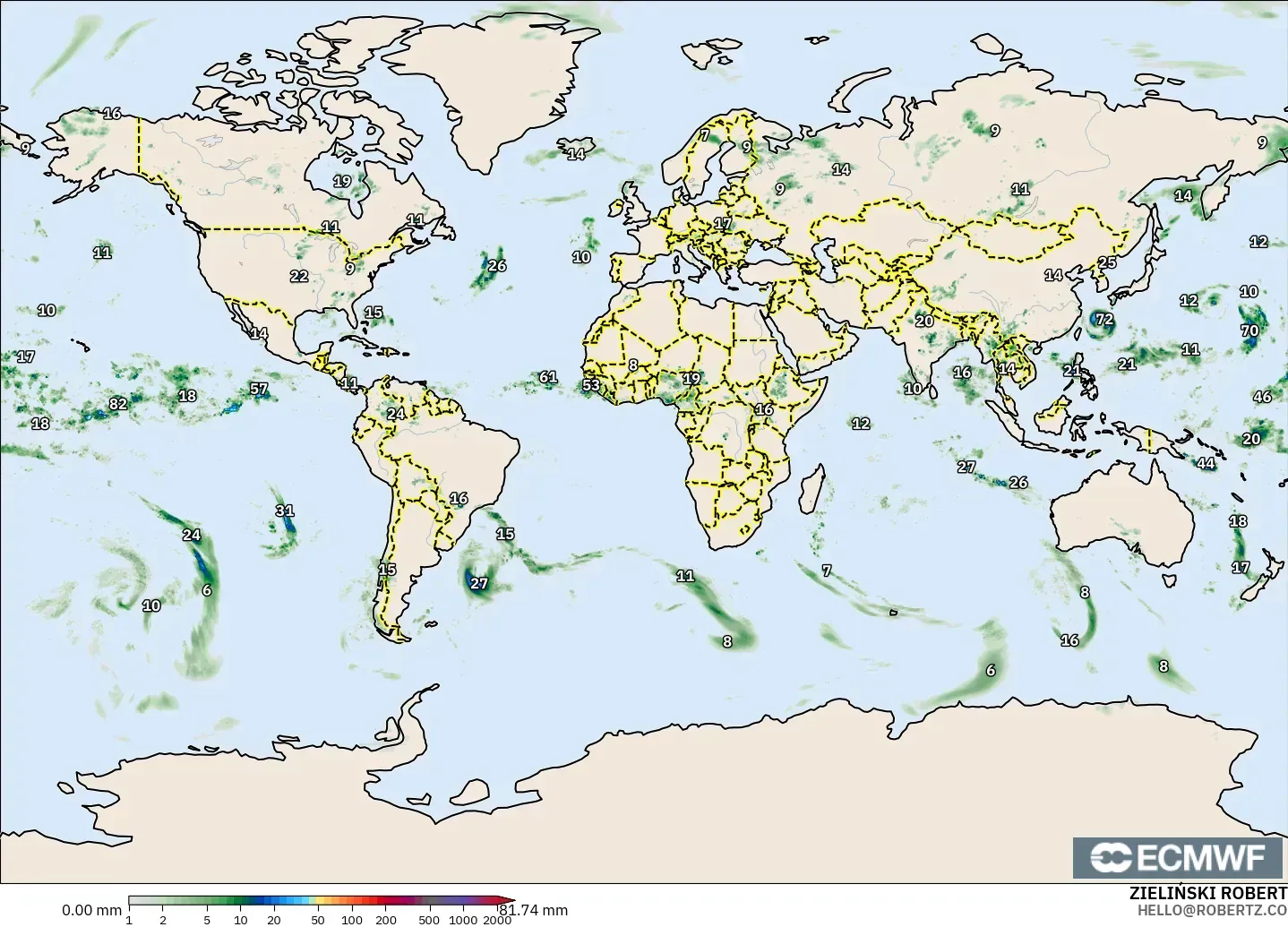 ECMWF IFS 0.25° modelo - Mundo, Acumulación de precipitación