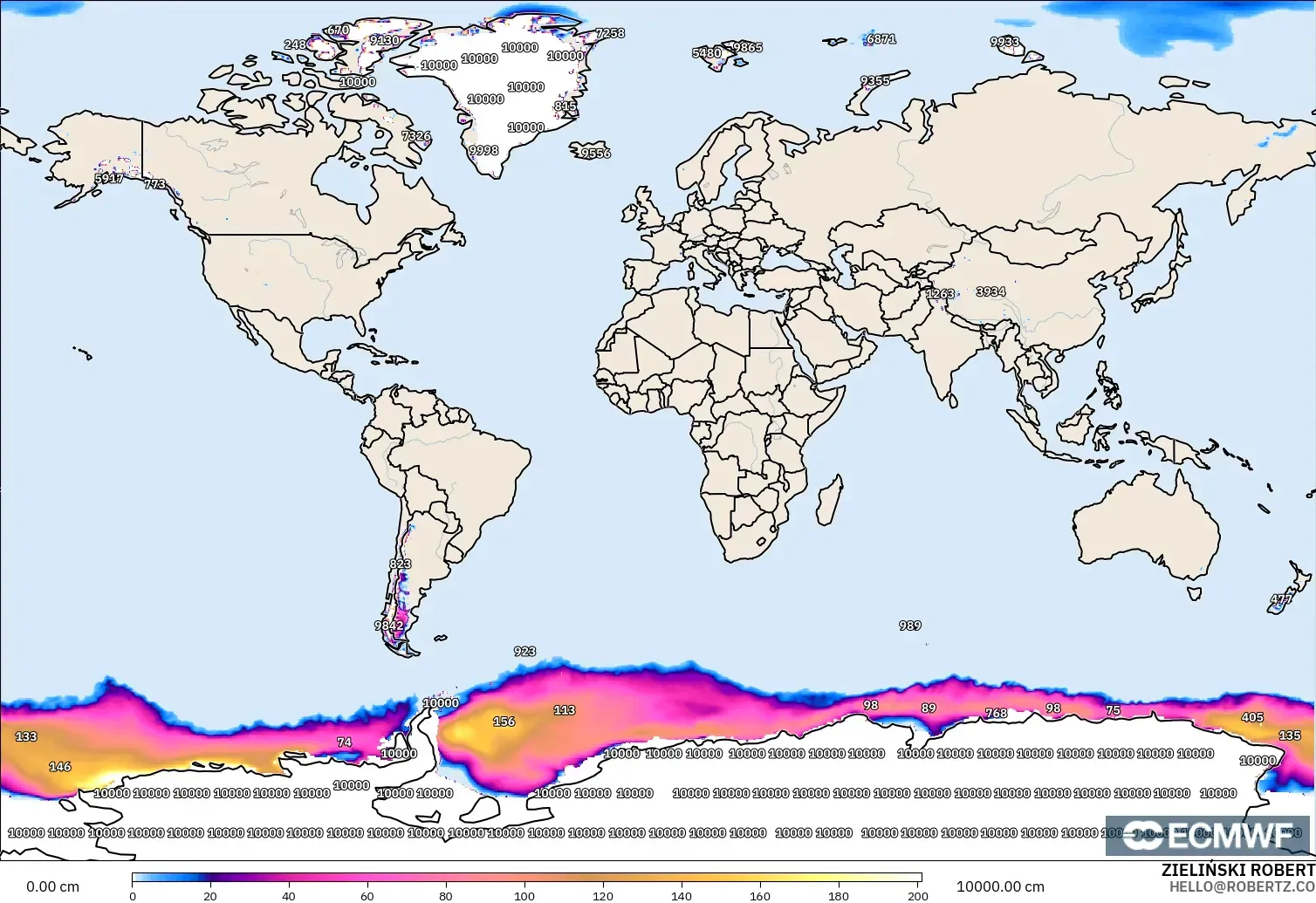 ECMWF IFS 0.25° modelo - Mundo, Profundidad de nieve