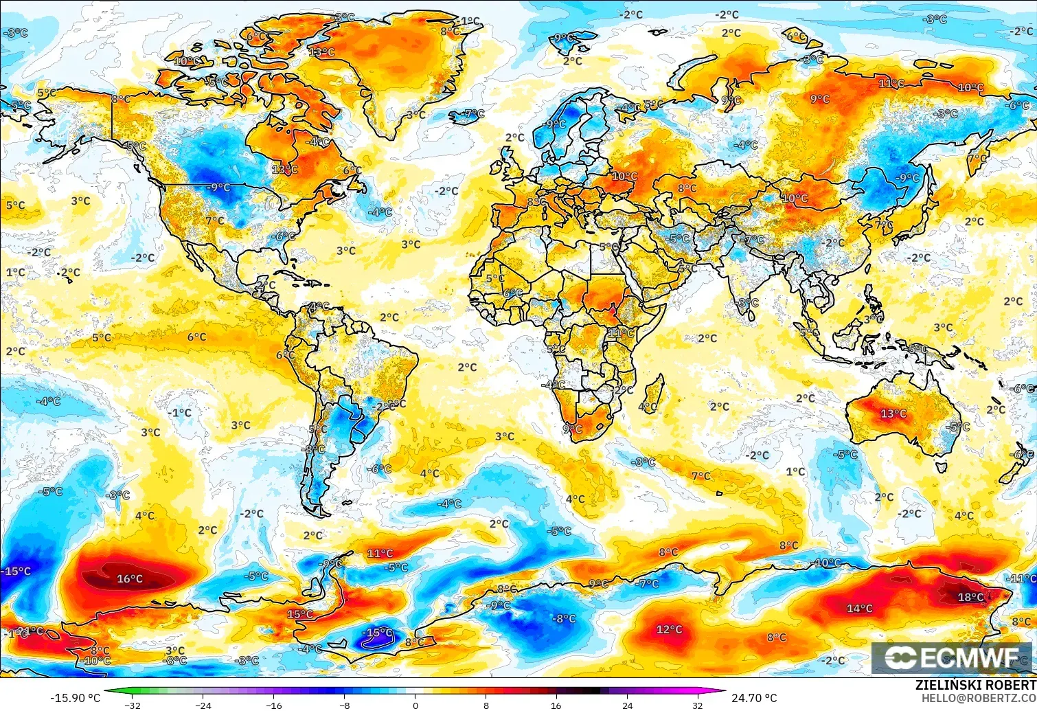 ECMWF IFS 0.25° modelo - Mundo, Anomalía de temperatura a 2 m