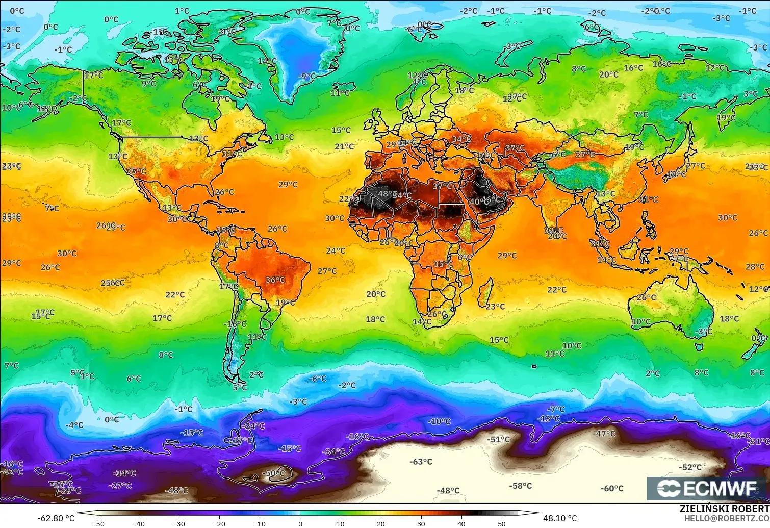 ECMWF IFS 0.25° modelo - Mundo, Temperatura a 2 m