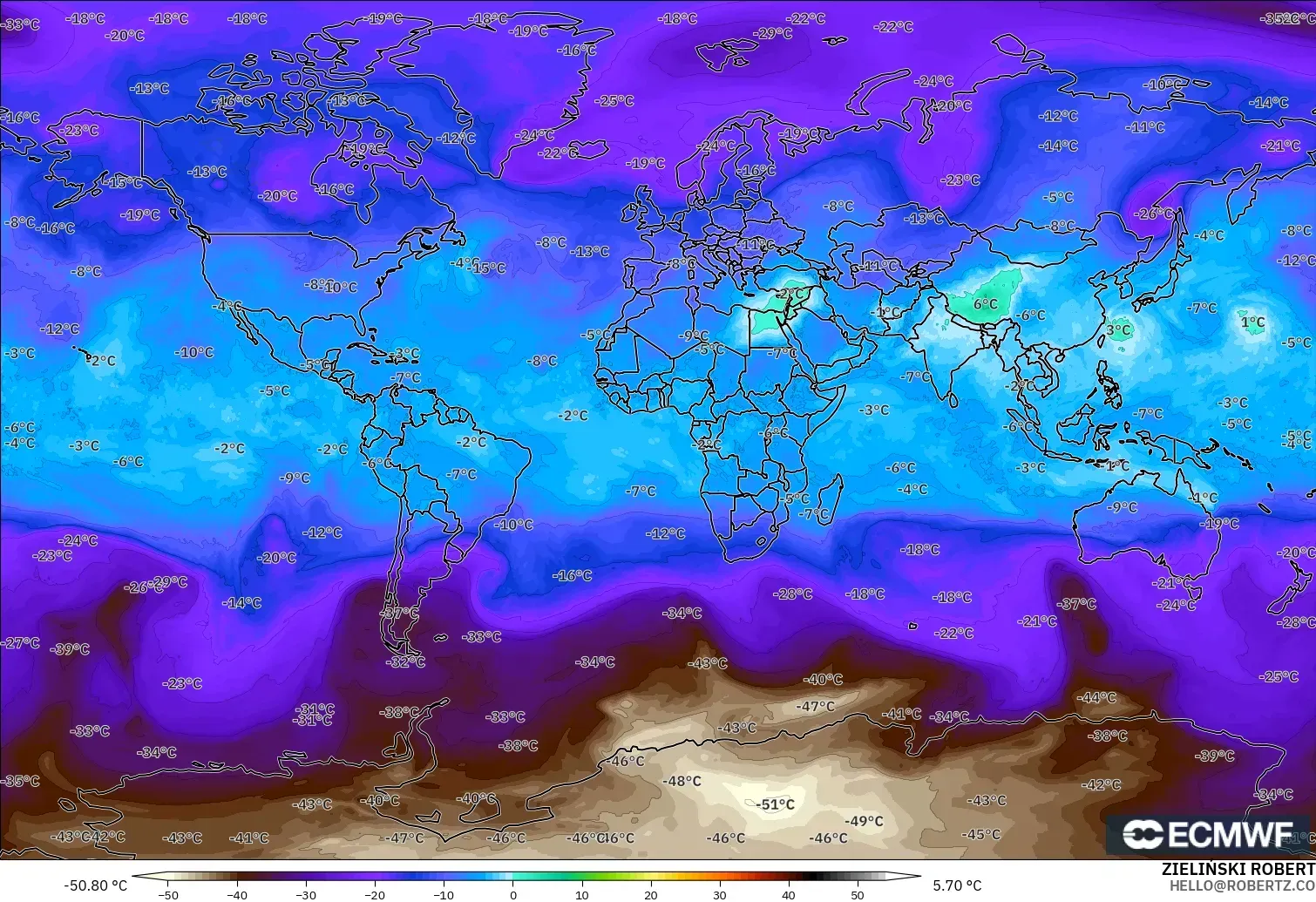 ECMWF IFS 0.25° modelo - Mundo, Temperatura a 500 hPa