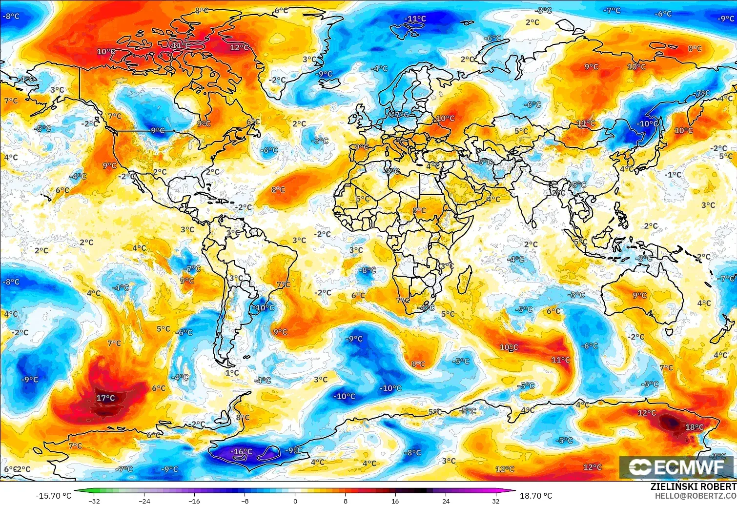 ECMWF IFS 0.25° modelo - Mundo, Anomalía de temperatura a 850 hPa