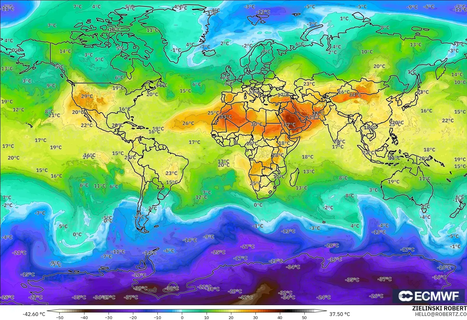 ECMWF IFS 0.25° modelo - Mundo, Temperatura a 850 hPa