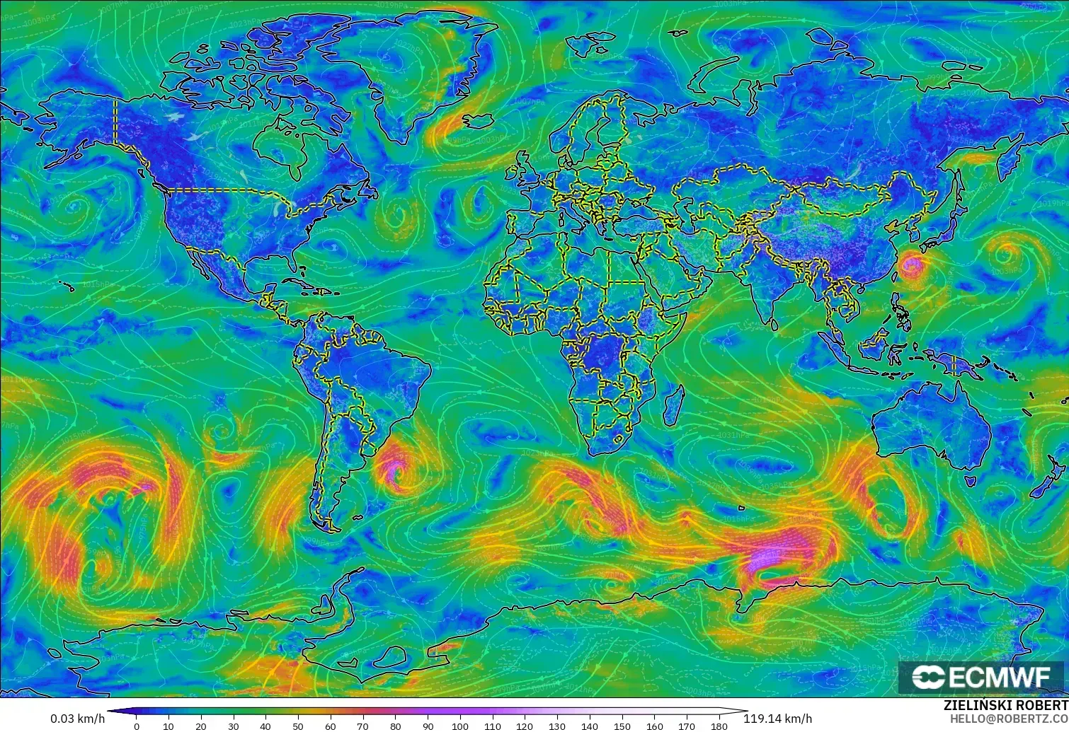 ECMWF IFS 0.25° modelo - Mundo, Viento a 10 m