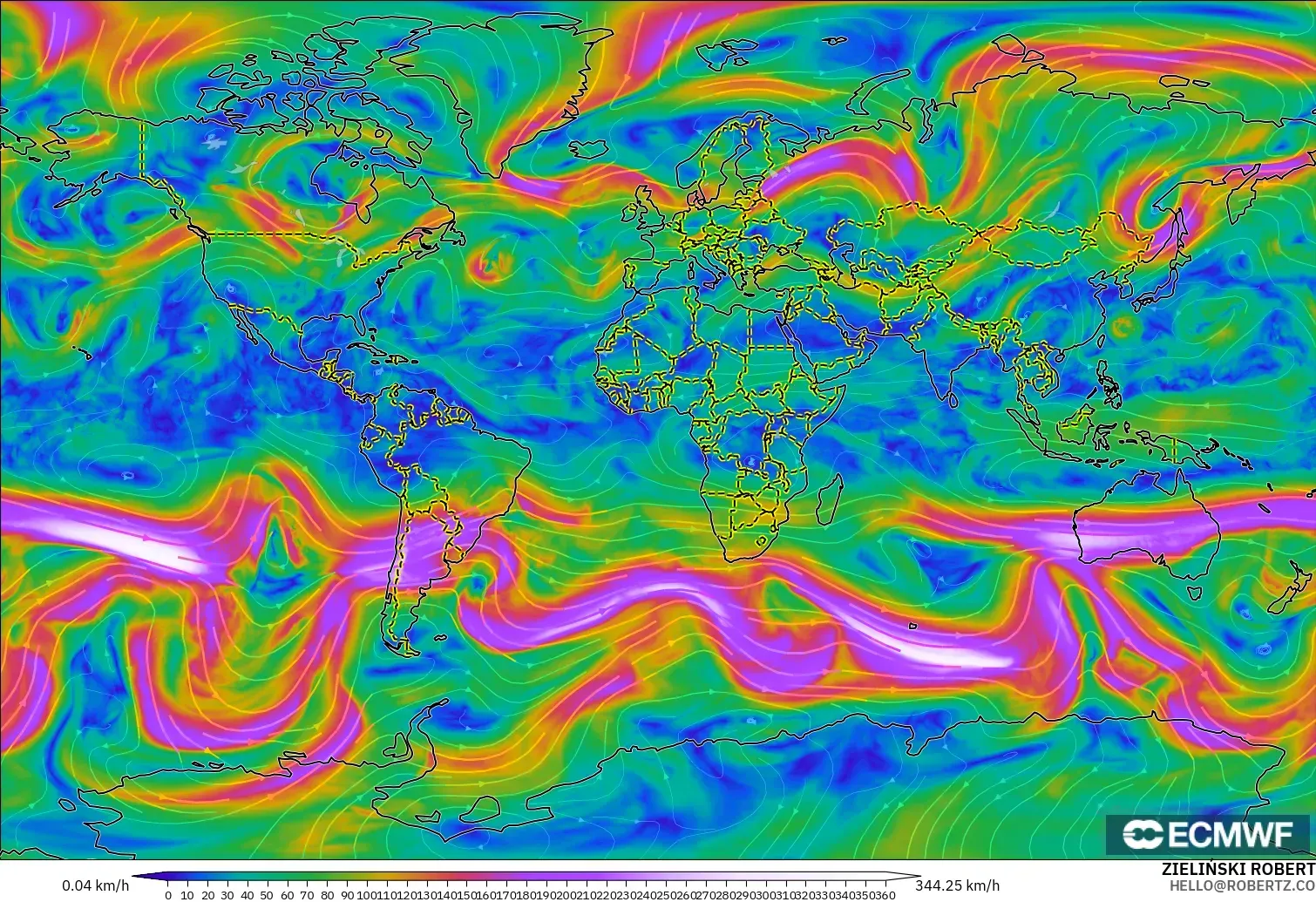 ECMWF IFS 0.25° modelo - Mundo, Viento a 300 hPa (corriente en chorro)