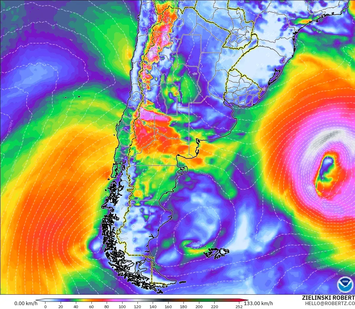 GFS modelo - Argentina, Ráfagas de viento