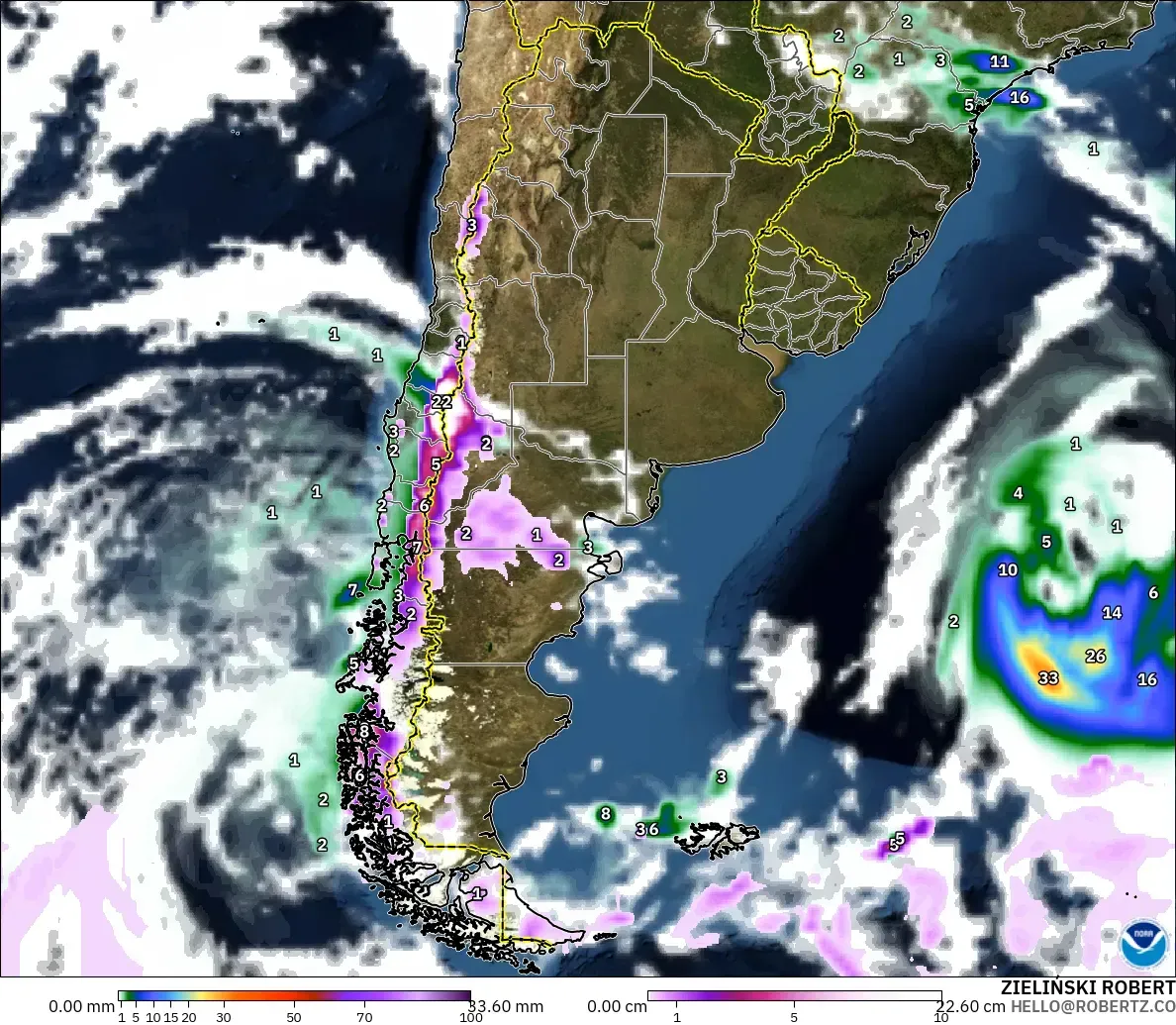 GFS modelo - Argentina, Precipitación, nubes y presión