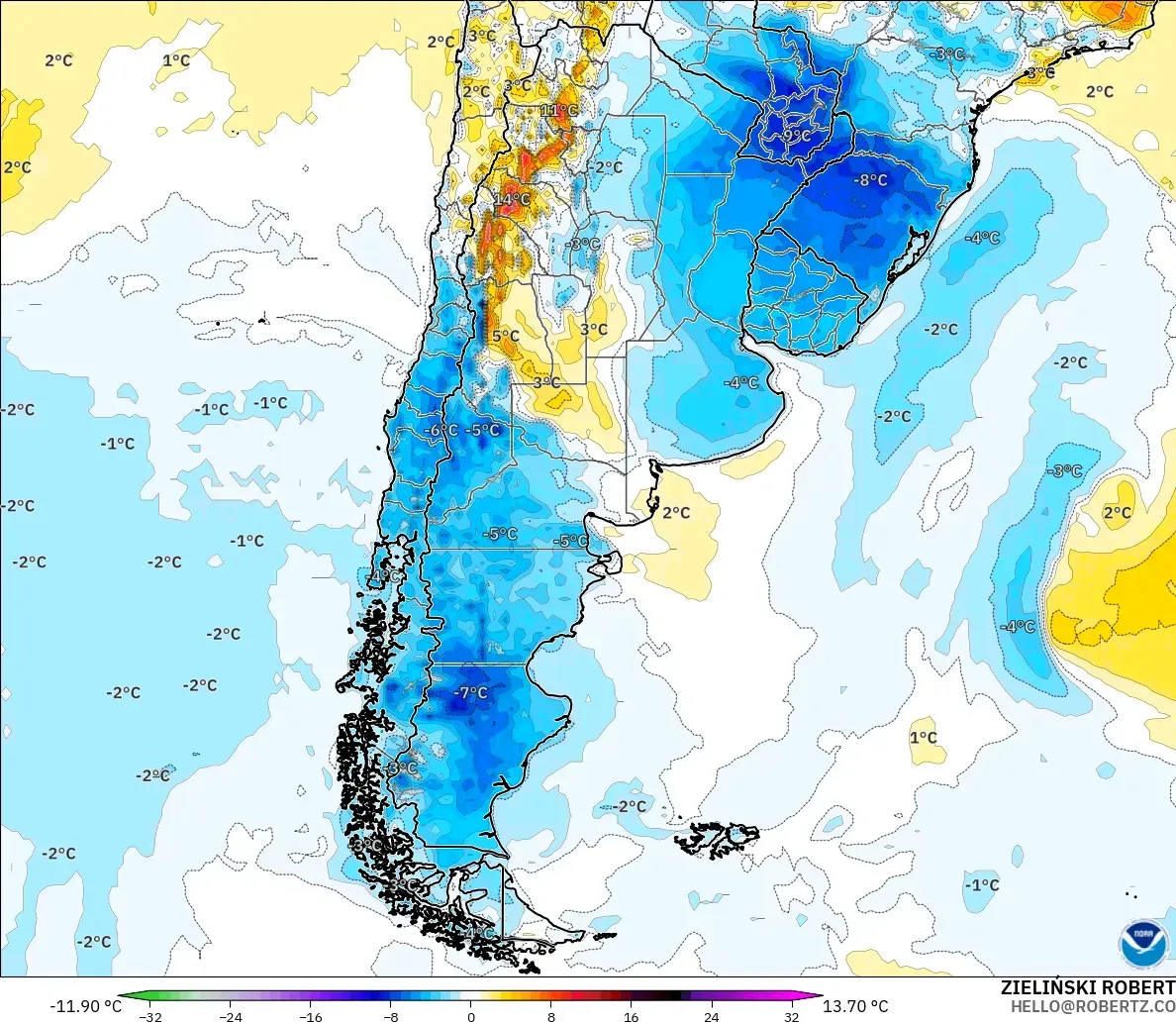 GFS modelo - Argentina, Anomalía de temperatura a 2 m