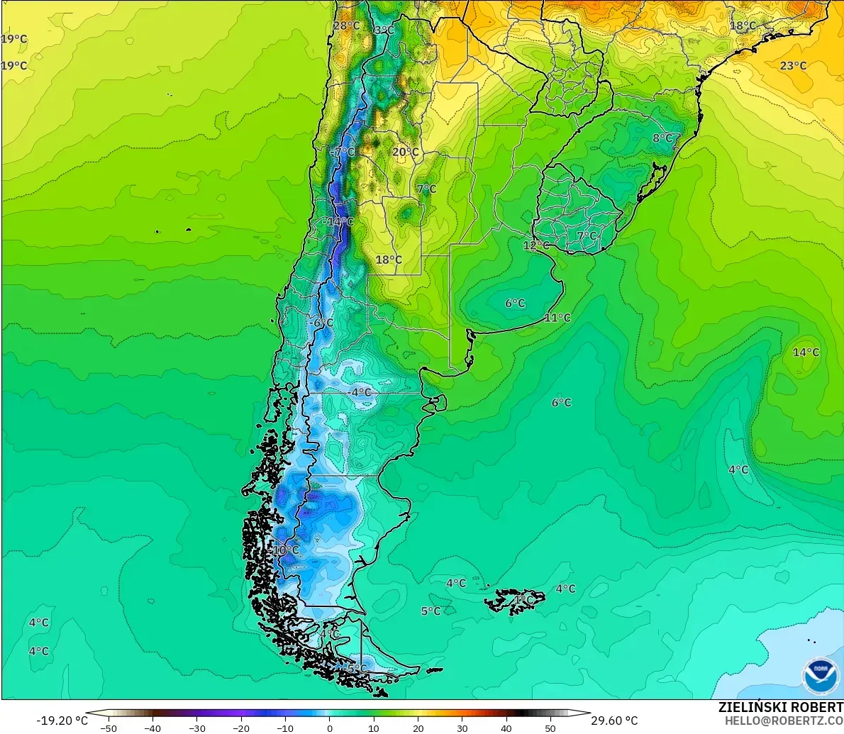 GFS modelo - Argentina, Temperatura a 2 m