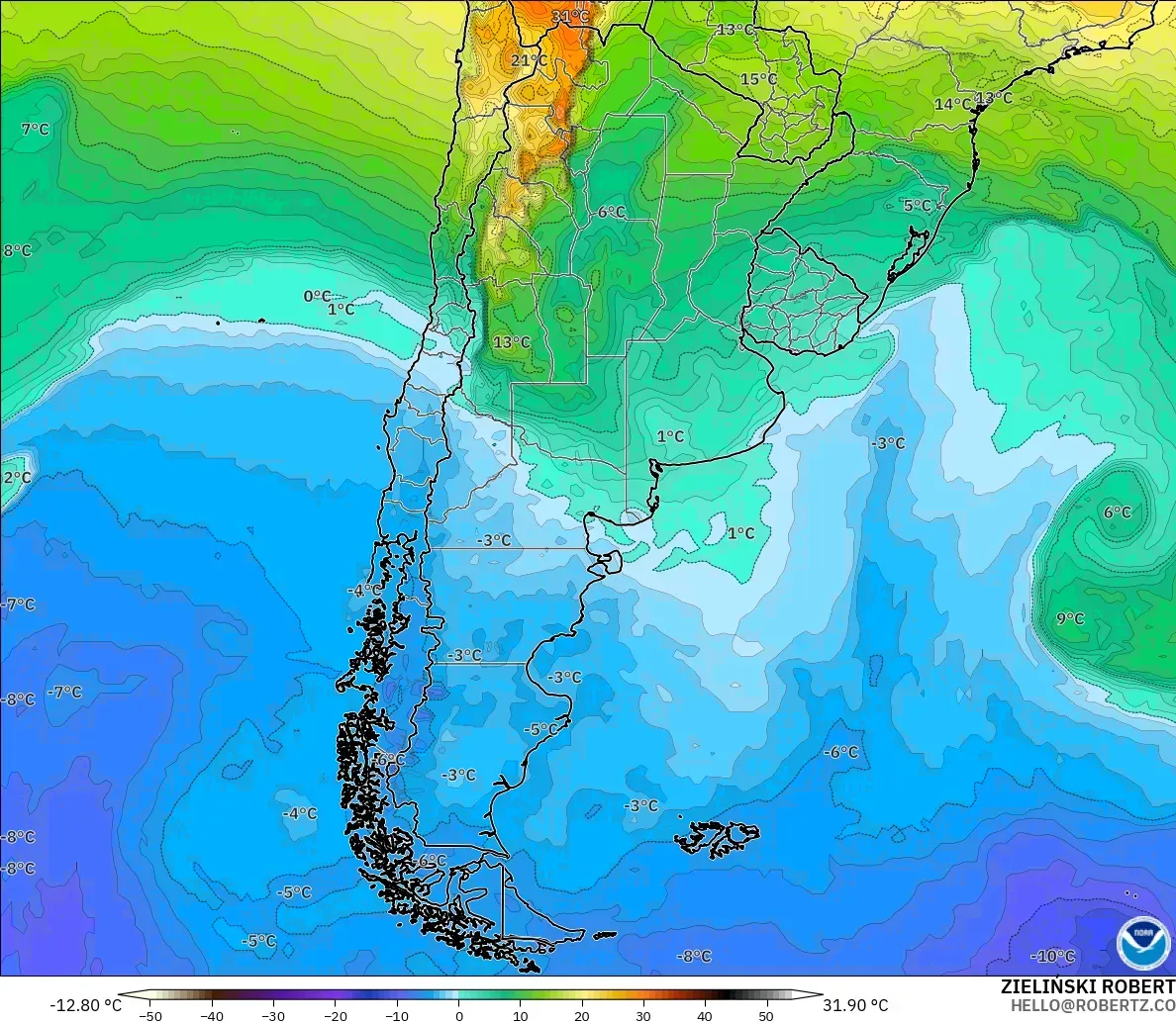 GFS modelo - Argentina, Temperatura a 850 hPa