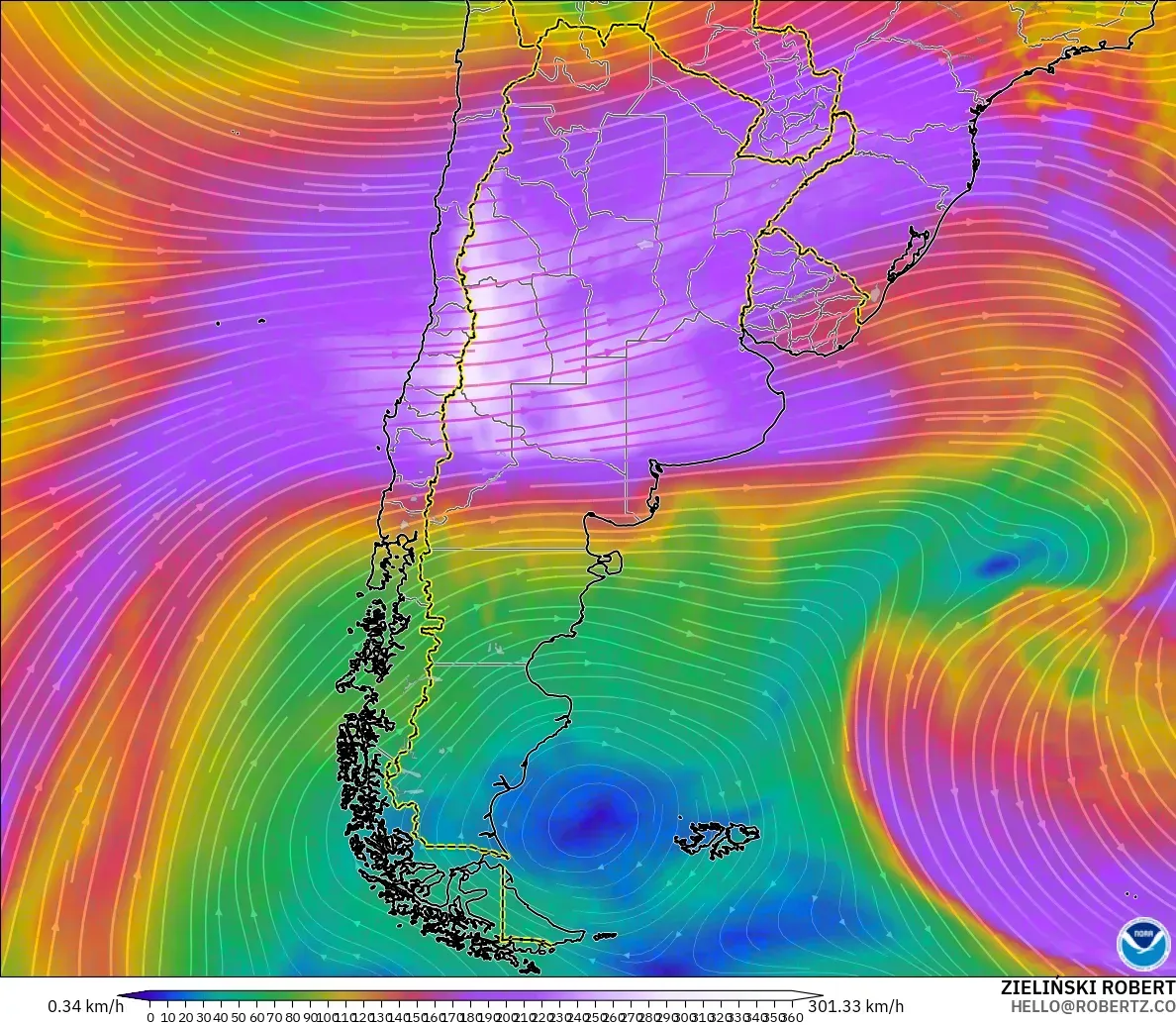 GFS modelo - Argentina, Viento a 300 hPa (corriente en chorro)