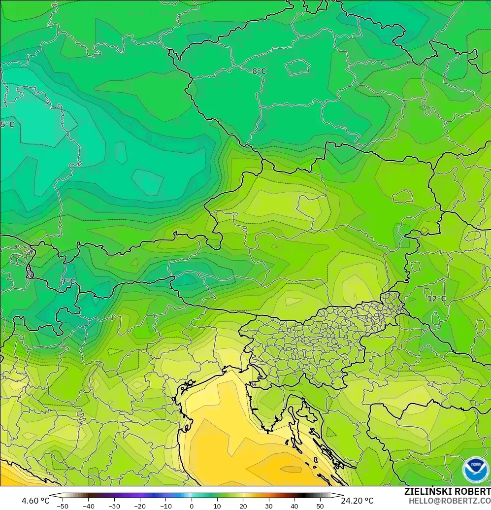 GFS modelo - Austria, Punto de rocío a 2 m