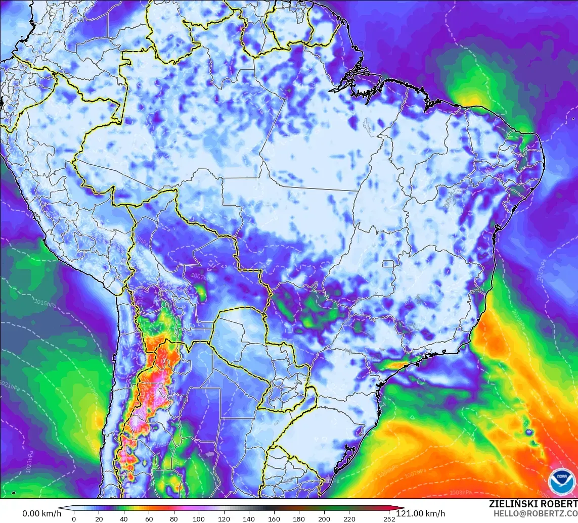 GFS modelo - Brasil, Ráfagas de viento