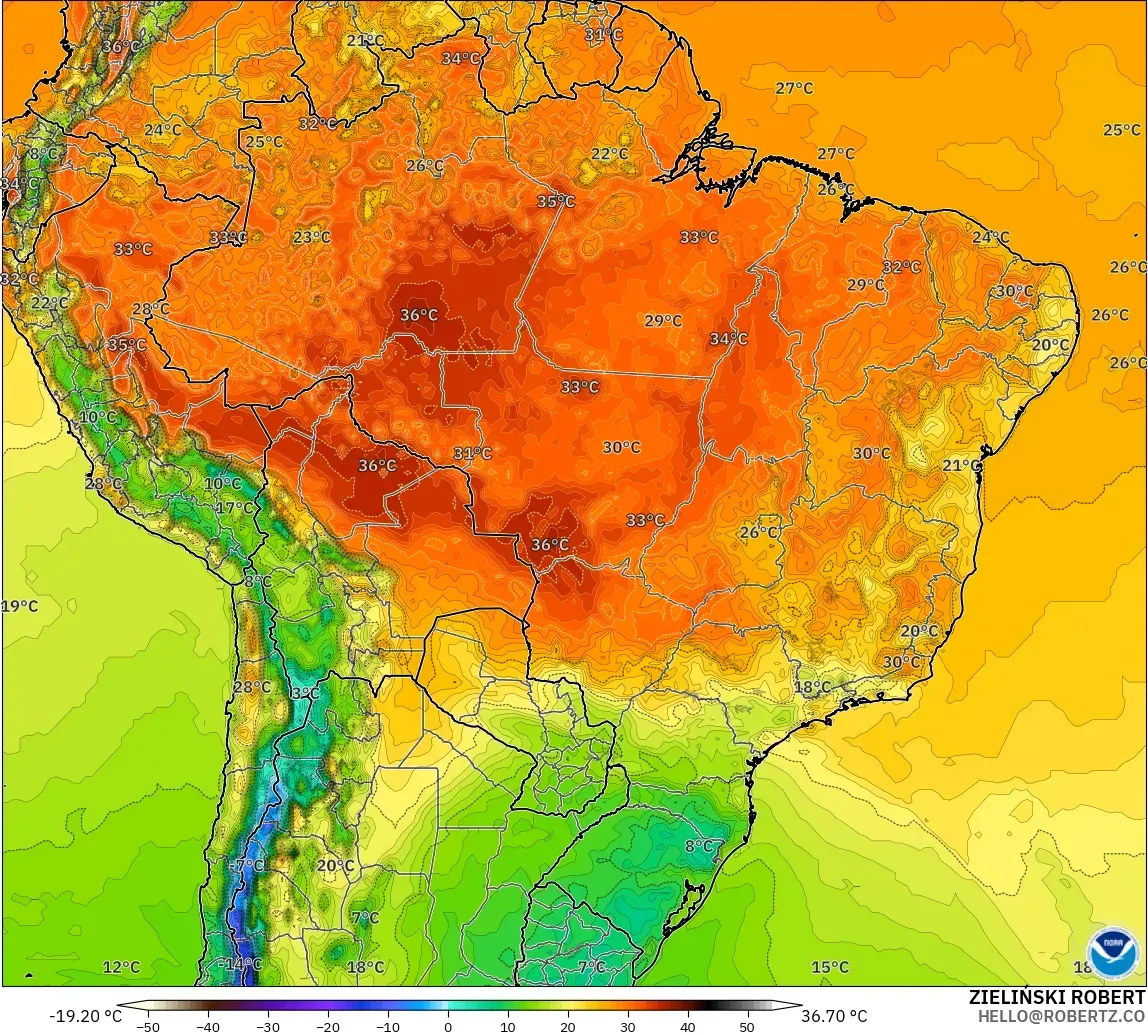 GFS modelo - Brasil, Temperatura a 2 m