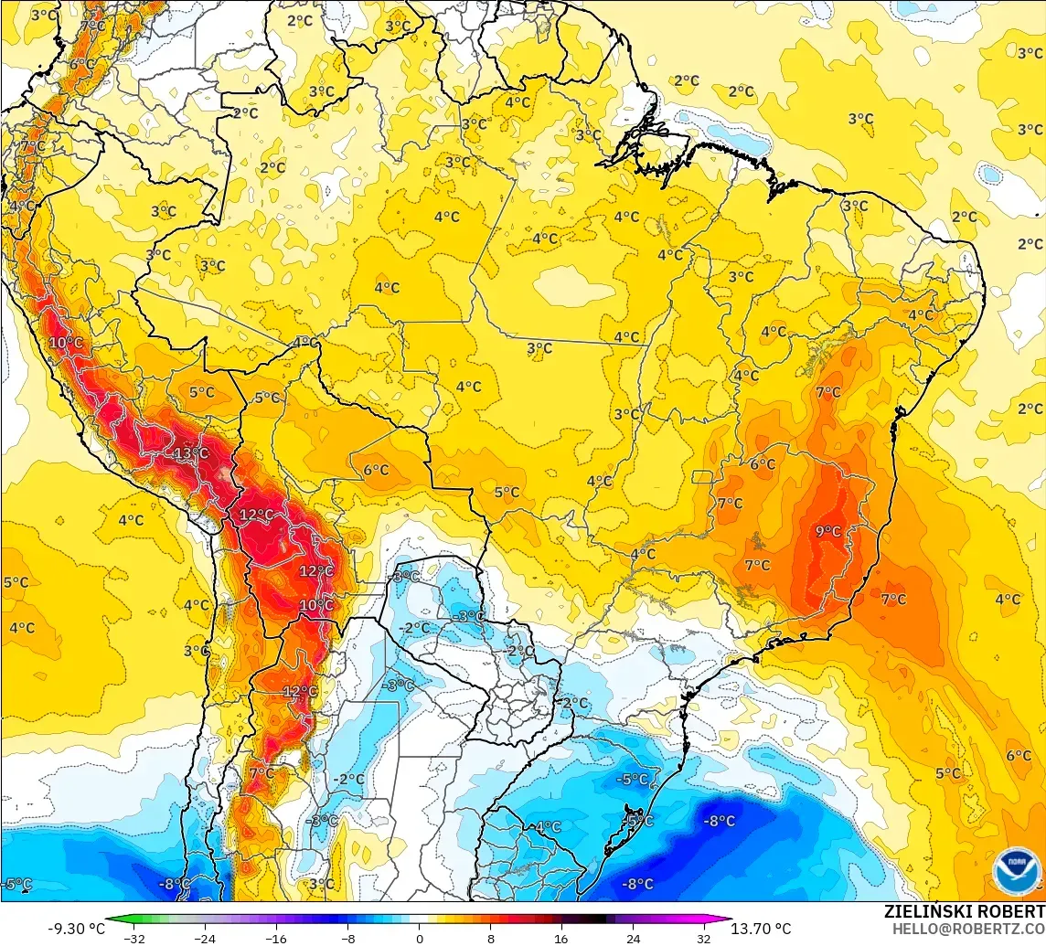 GFS modelo - Brasil, Anomalía de temperatura a 850 hPa