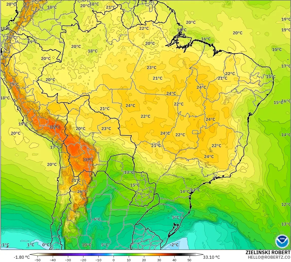 GFS modelo - Brasil, Temperatura a 850 hPa