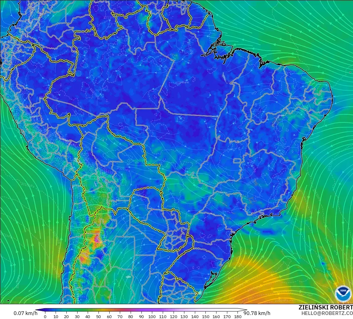 GFS modelo - Brasil, Viento a 10 m