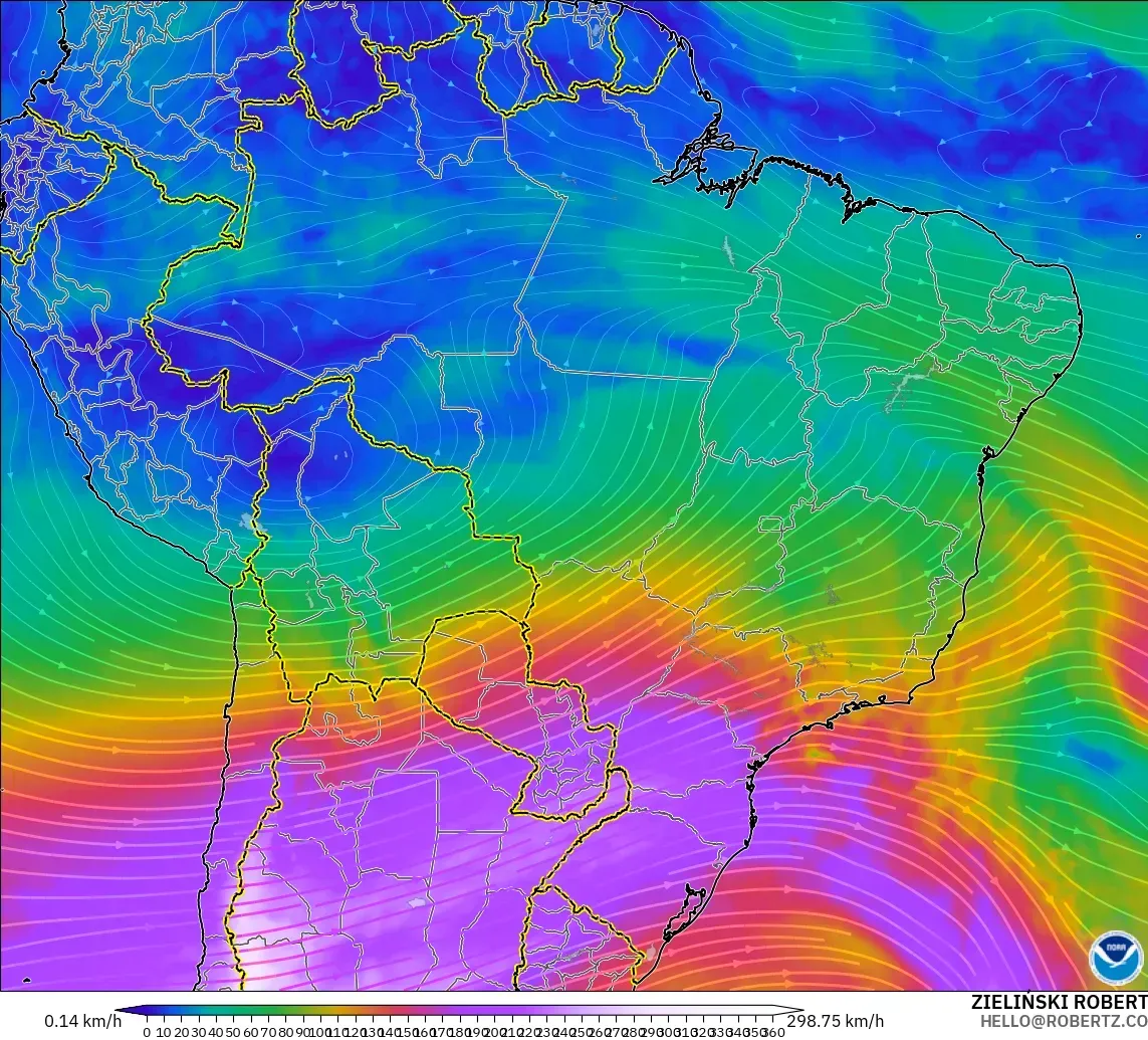 GFS modelo - Brasil, Viento a 300 hPa (corriente en chorro)