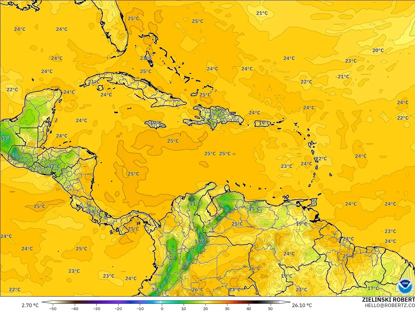 GFS modelo - Caribe, Punto de rocío a 2 m