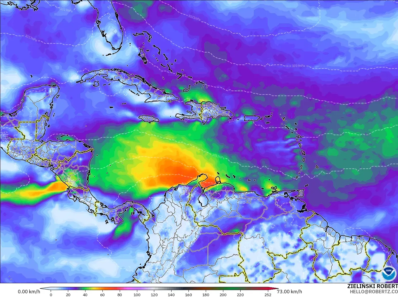 GFS modelo - Caribe, Ráfagas de viento