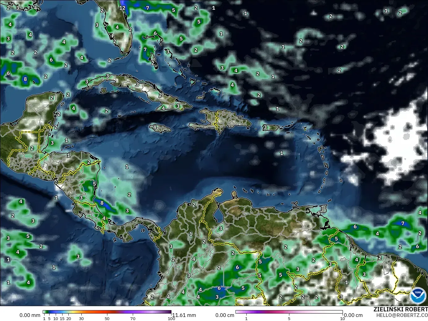 GFS modelo - Caribe, Precipitación, nubes y presión