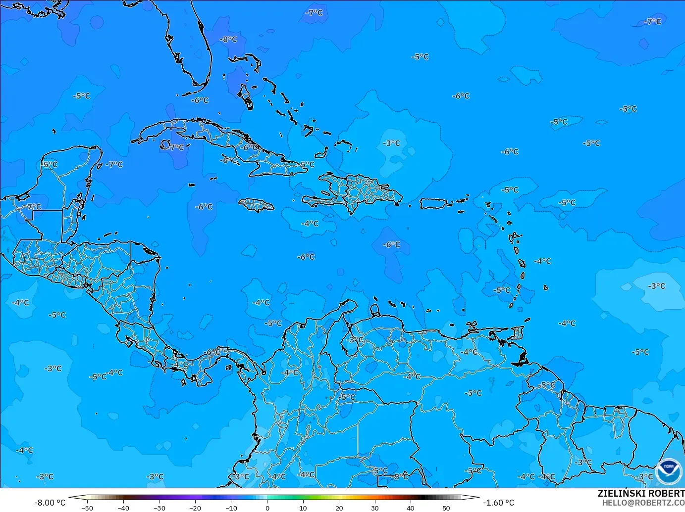 GFS modelo - Caribe, Temperatura a 500 hPa
