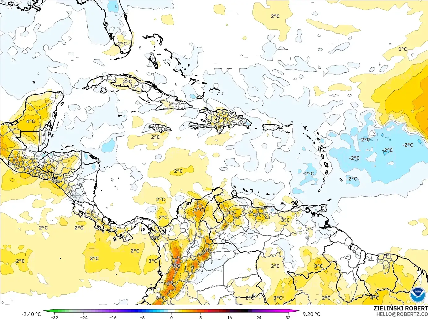 GFS modelo - Caribe, Anomalía de temperatura a 850 hPa