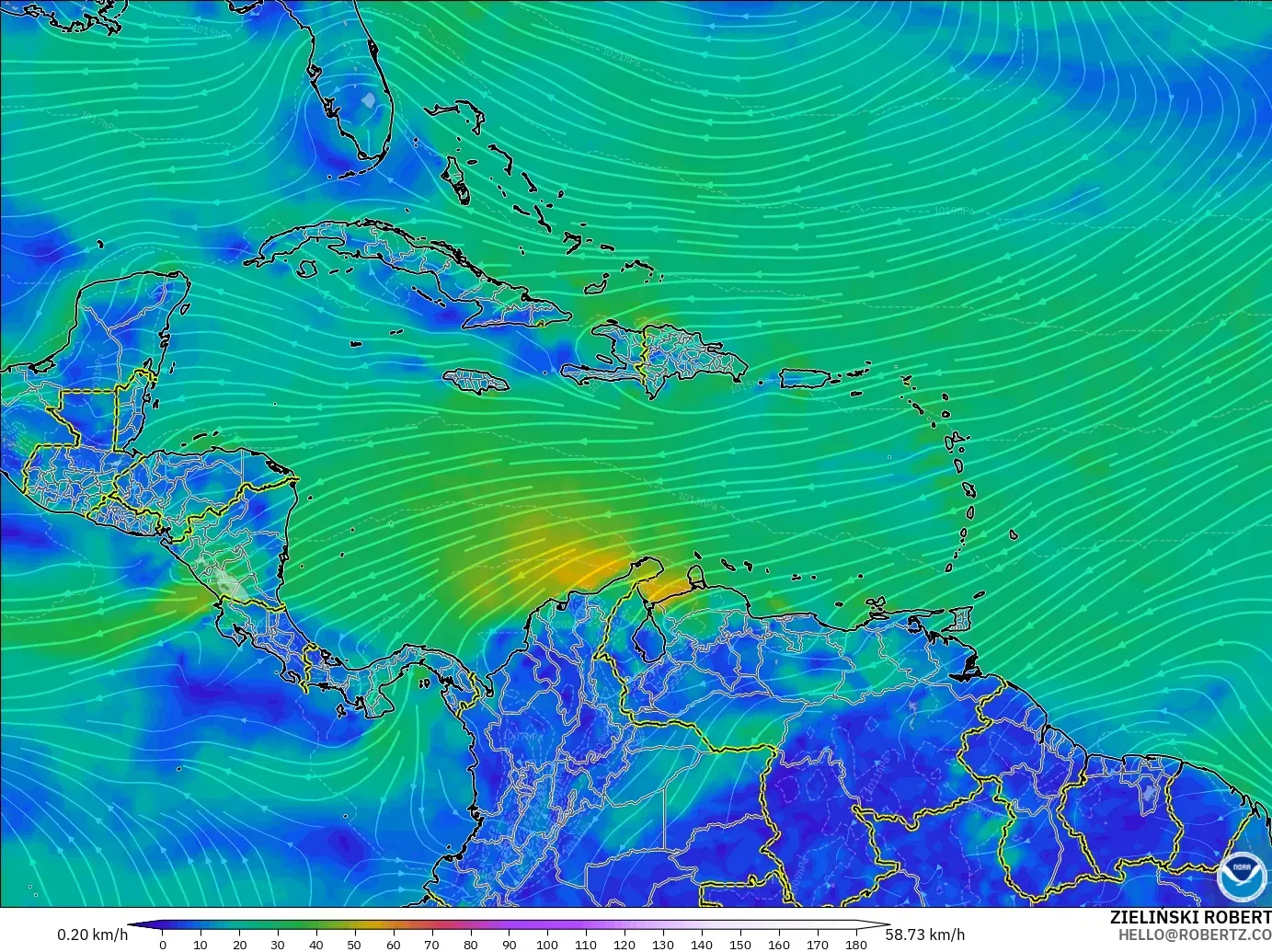 GFS modelo - Caribe, Viento a 10 m