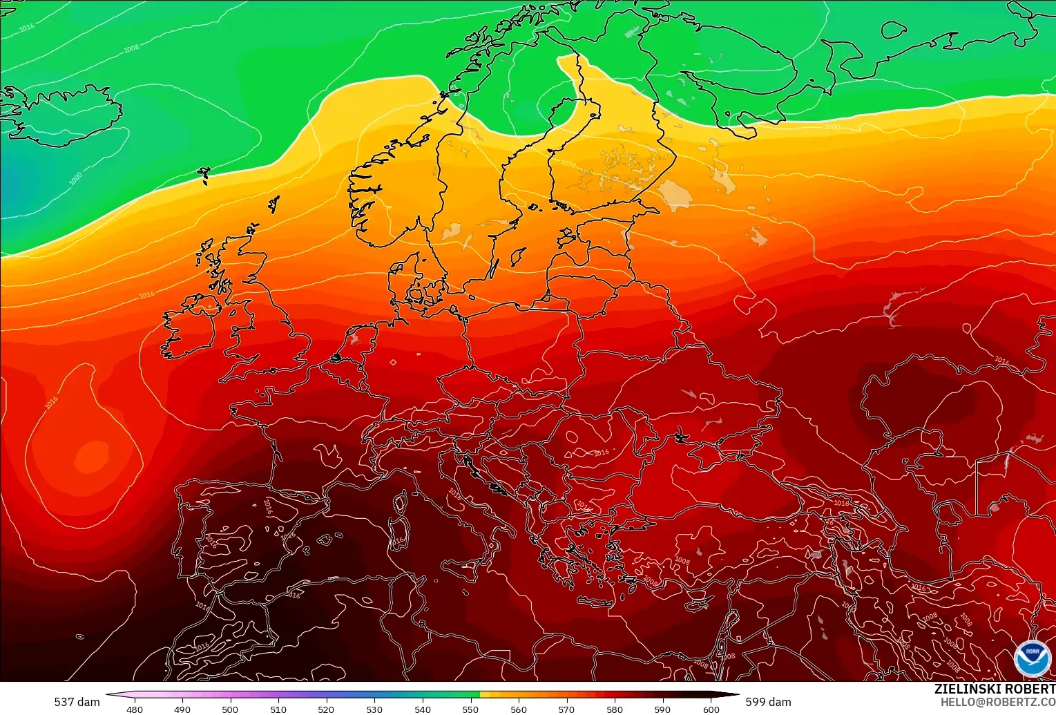 GFS modelo - Europa, Altura geopotencial a 500 hPa
