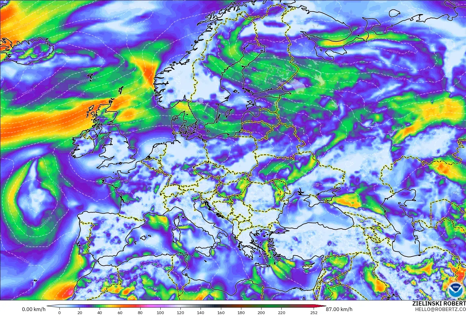 GFS modelo - Europa, Ráfagas de viento