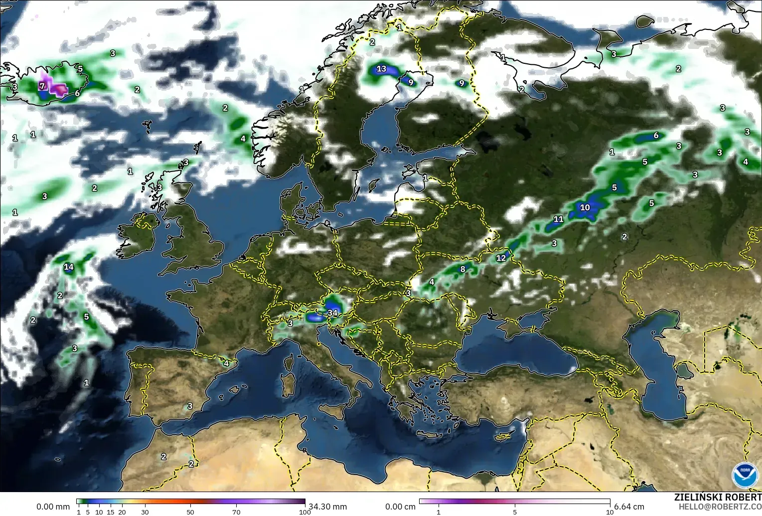 GFS modelo - Europa, Precipitación, nubes y presión
