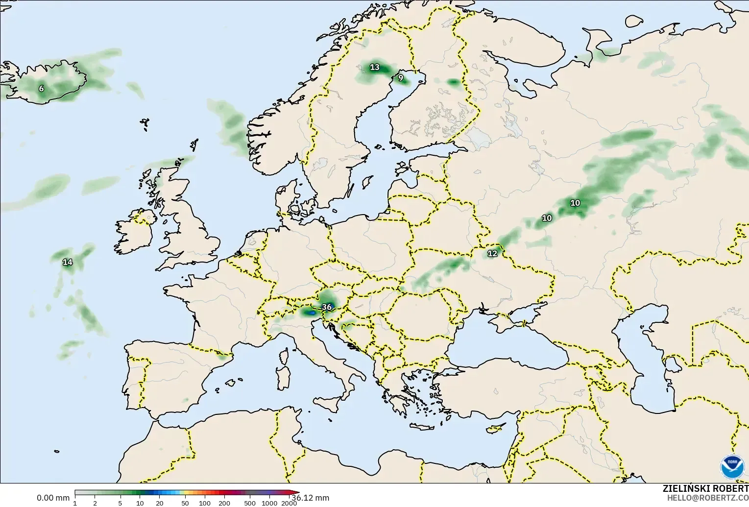 GFS modelo - Europa, Acumulación de precipitación