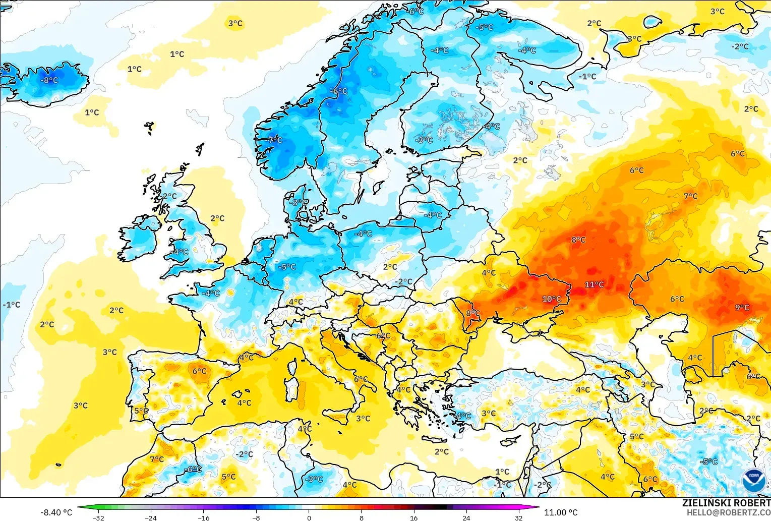 GFS modelo - Europa, Anomalía de temperatura a 2 m