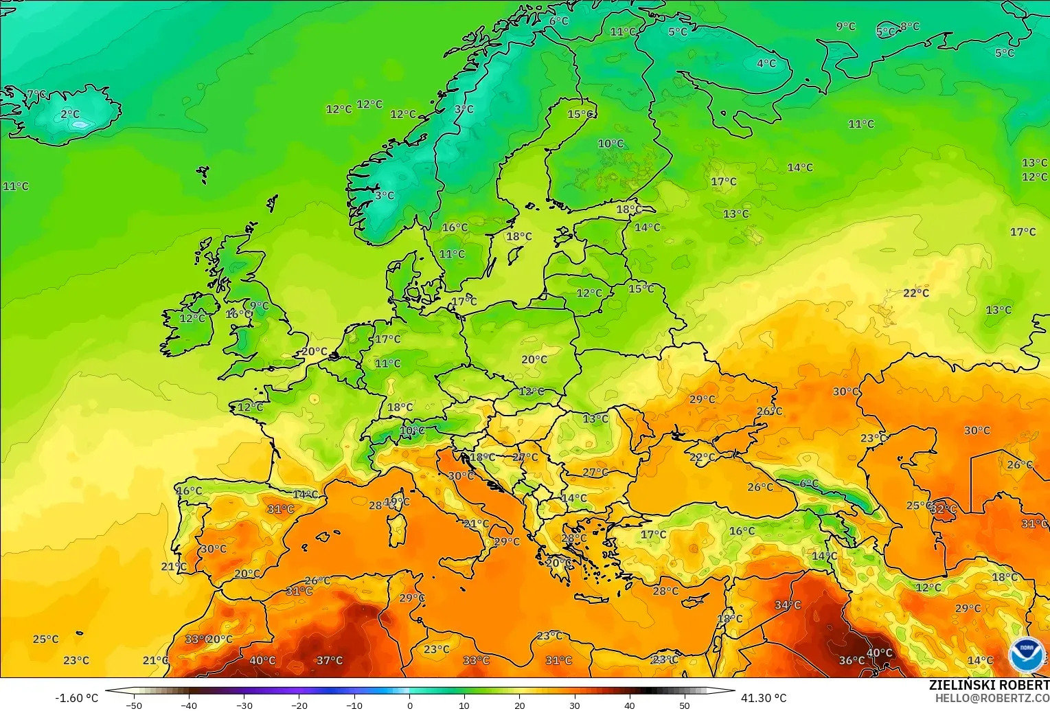 GFS modelo - Europa, Temperatura a 2 m