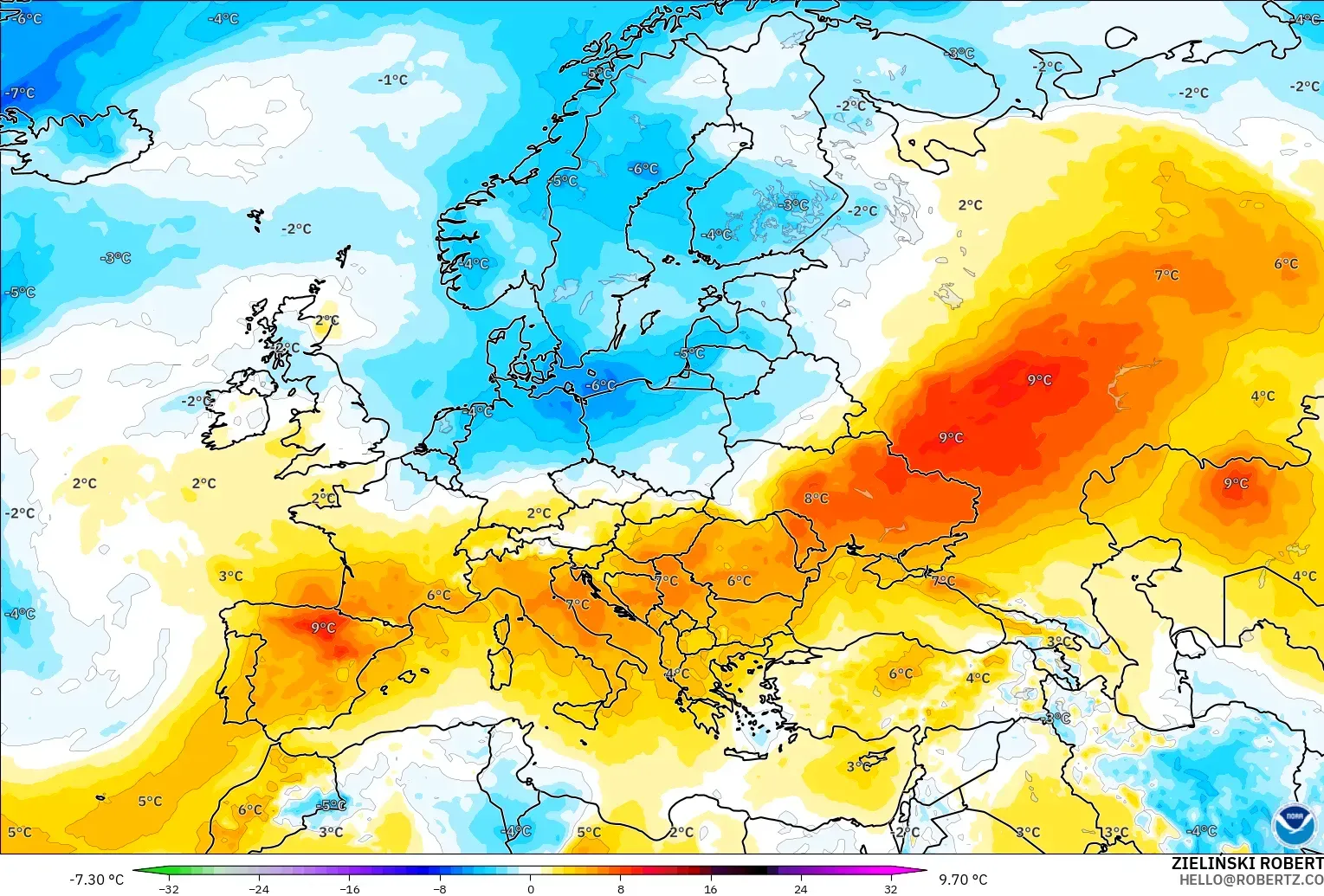 GFS modelo - Europa, Anomalía de temperatura a 850 hPa