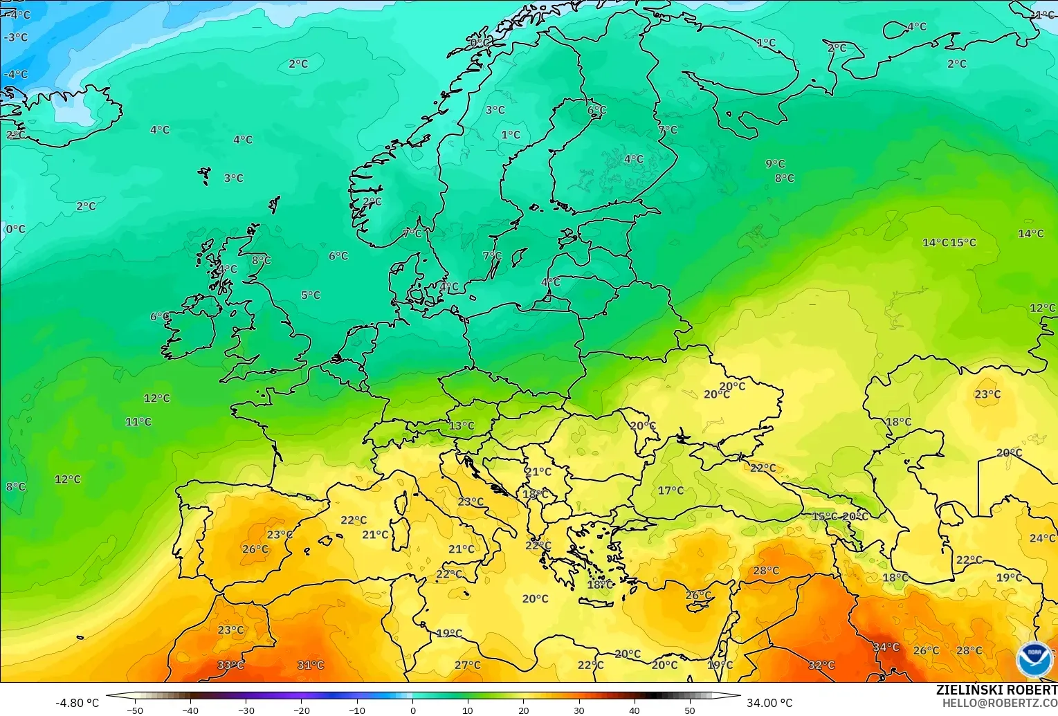 GFS modelo - Europa, Temperatura a 850 hPa