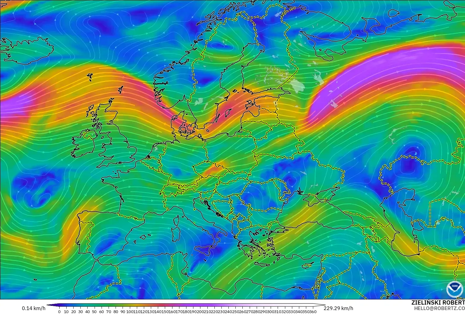 GFS modelo - Europa, Viento a 300 hPa (corriente en chorro)