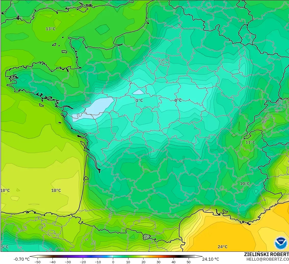 GFS modelo - Francia, Punto de rocío a 2 m