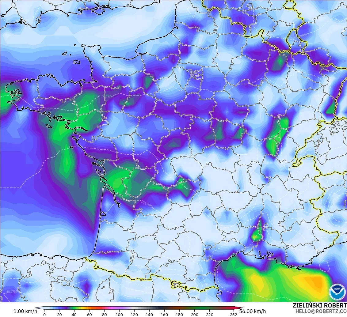 GFS modelo - Francia, Ráfagas de viento