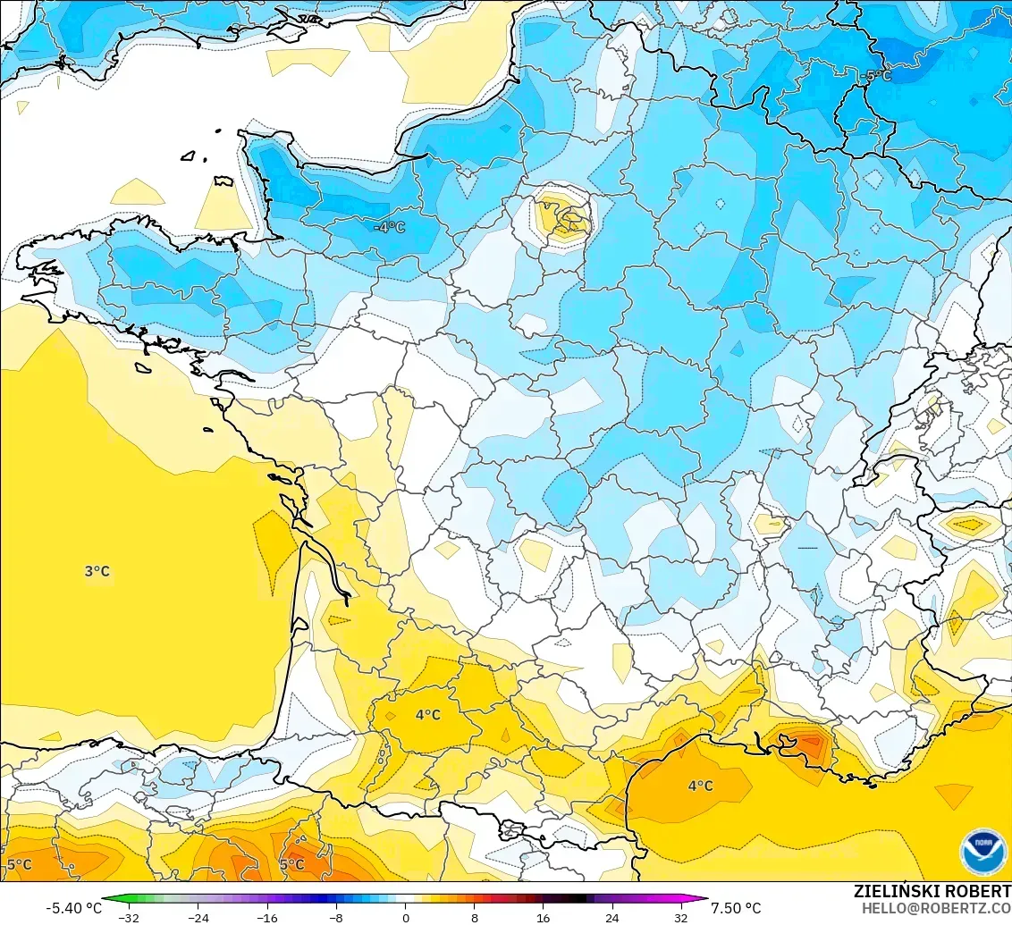 GFS modelo - Francia, Anomalía de temperatura a 2 m