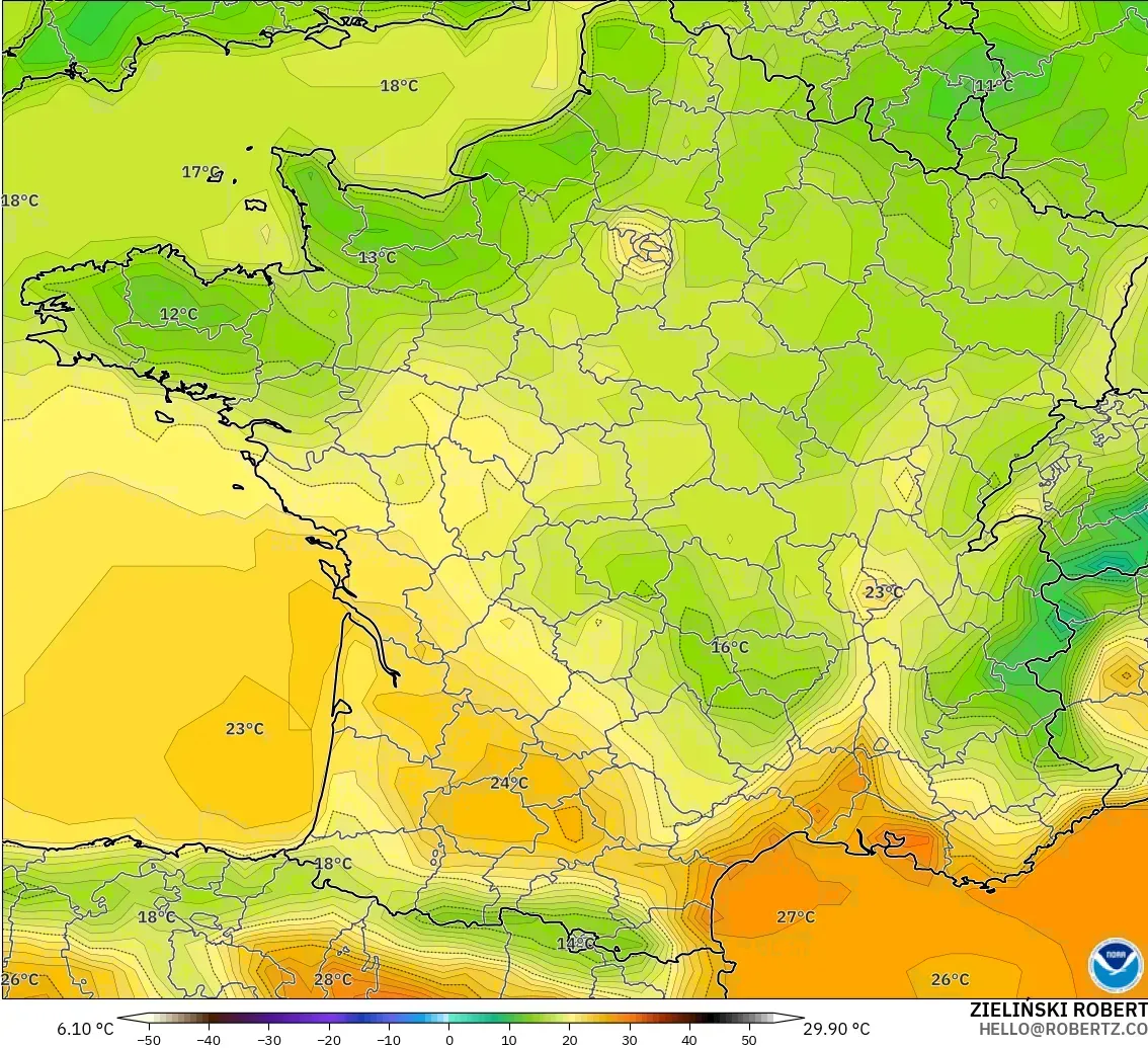 GFS modelo - Francia, Temperatura a 2 m