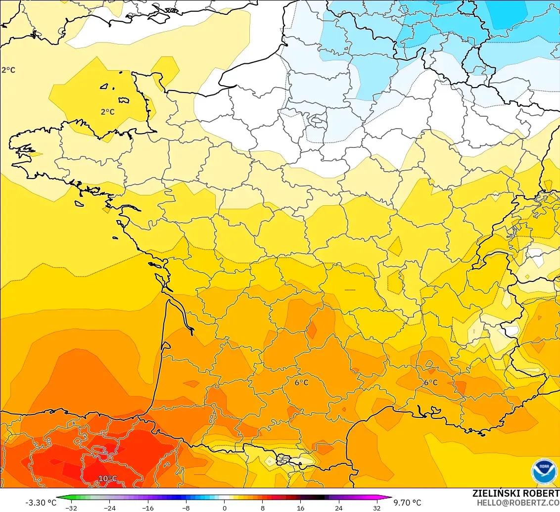 GFS modelo - Francia, Anomalía de temperatura a 850 hPa