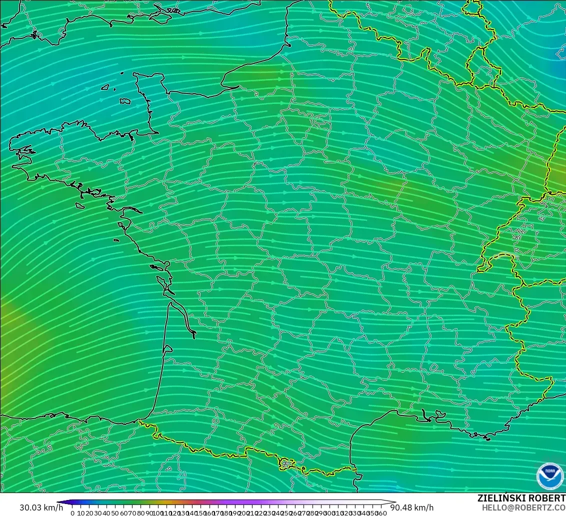 GFS modelo - Francia, Viento a 300 hPa (corriente en chorro)