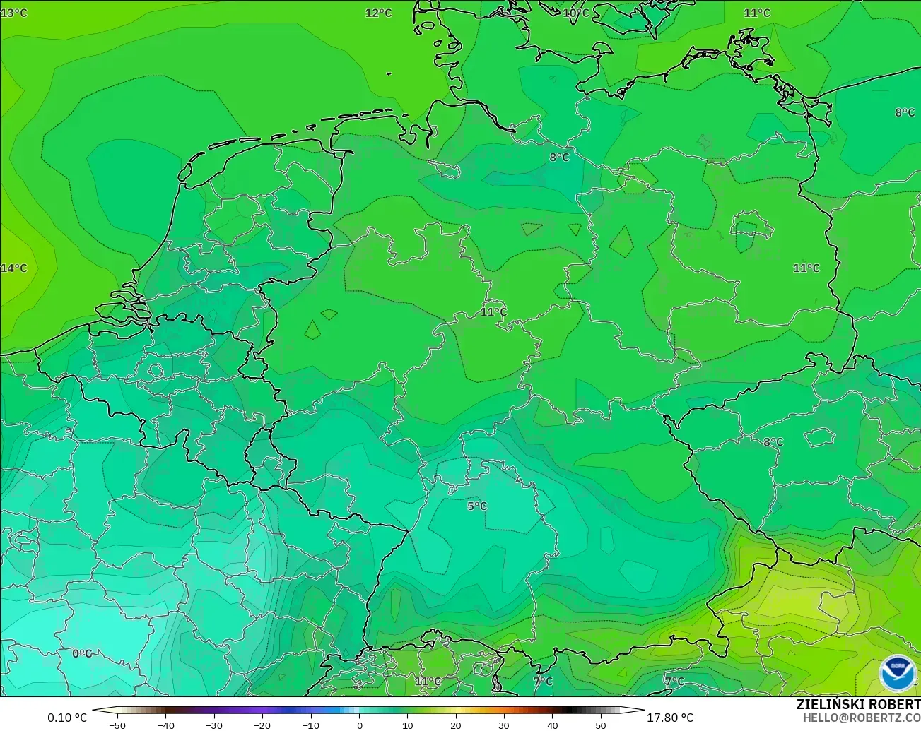 GFS modelo - Alemania, Punto de rocío a 2 m