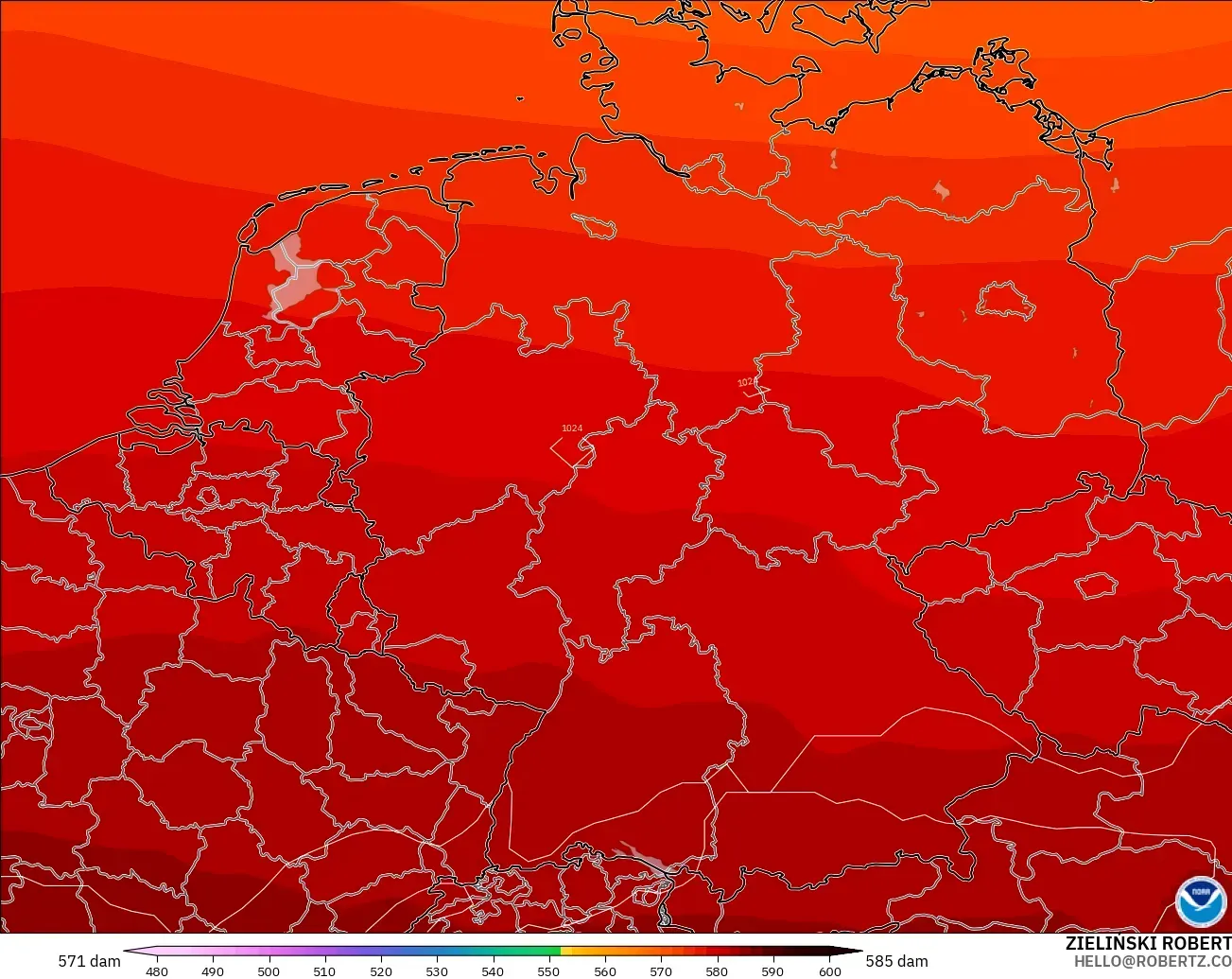 GFS modelo - Alemania, Altura geopotencial a 500 hPa